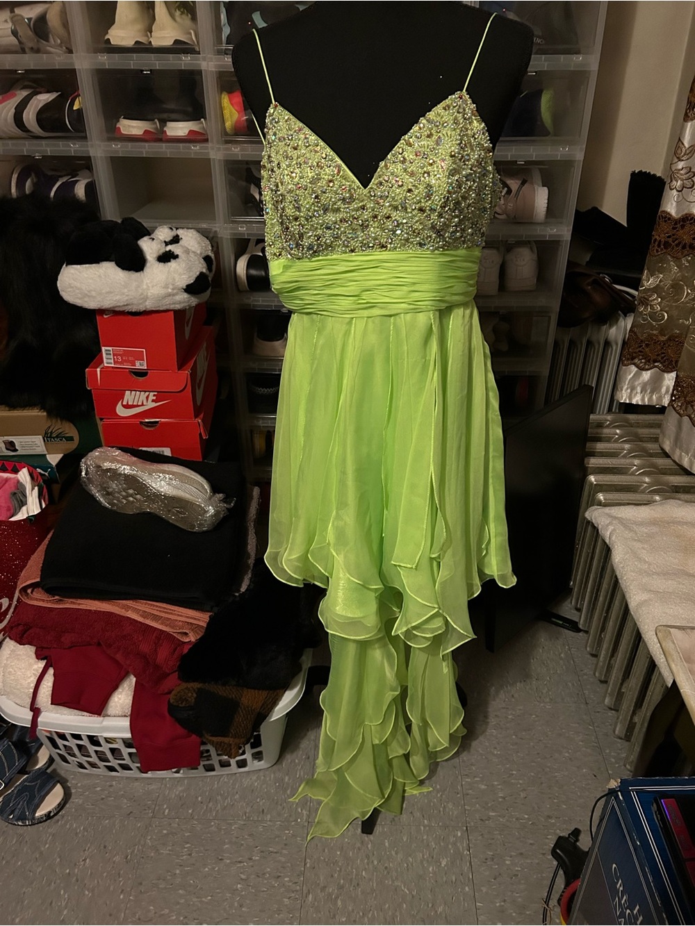 Embellished Lime Green Prom Dress with Cascading Skirt